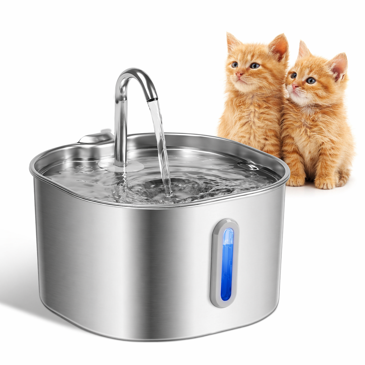 Stainless steel pet water fountain with running water, accompanied by two orange kittens on a white background.