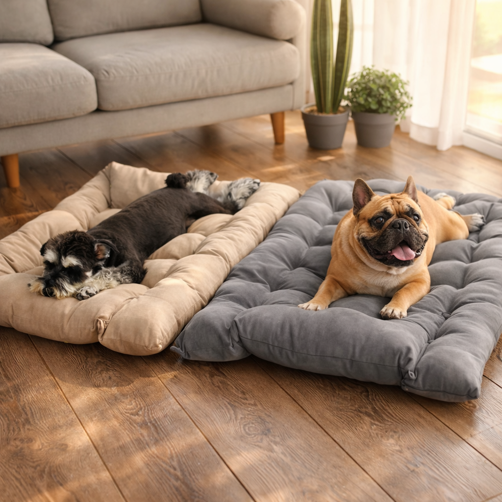 Dog lying down  relaxed on an open 3-in-1 pet bed used as a flat cushion mat indoors