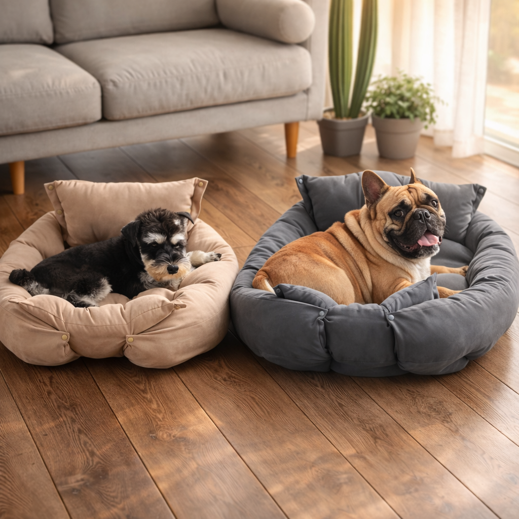 Dog resting comfortably in a closed 3-in-1 pet bed in cozy sofa-style nest mode indoors.