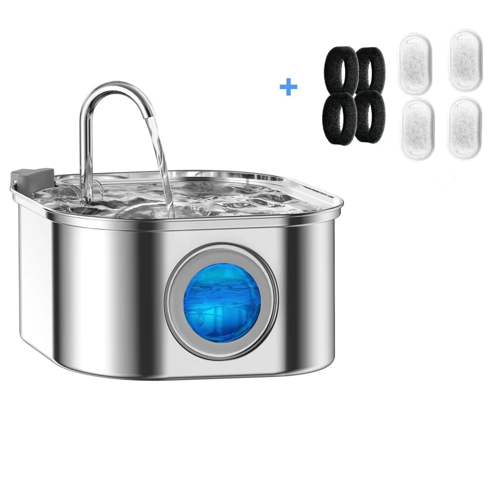Pet water fountain with additional filters and nozzles on a white 