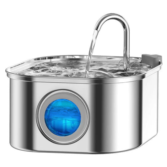 Stainless steel pet water fountain with blue light indicator on a white background