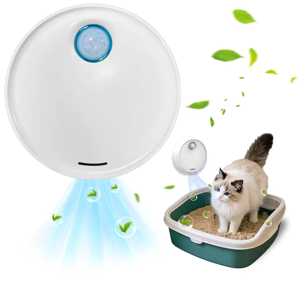 Pet litter box with a motion sensor and a cat standing inside on a white background