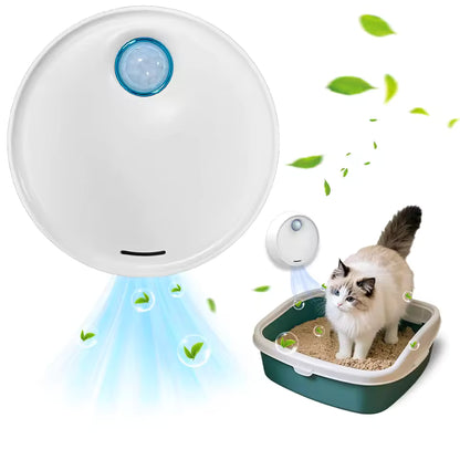 Pet litter box with a motion sensor and a cat standing inside on a white background