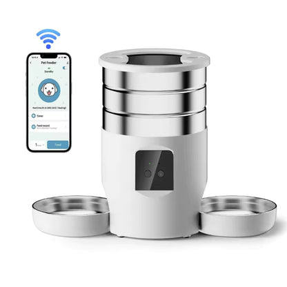 Smart pet feeder with app on smartphone display on a white background