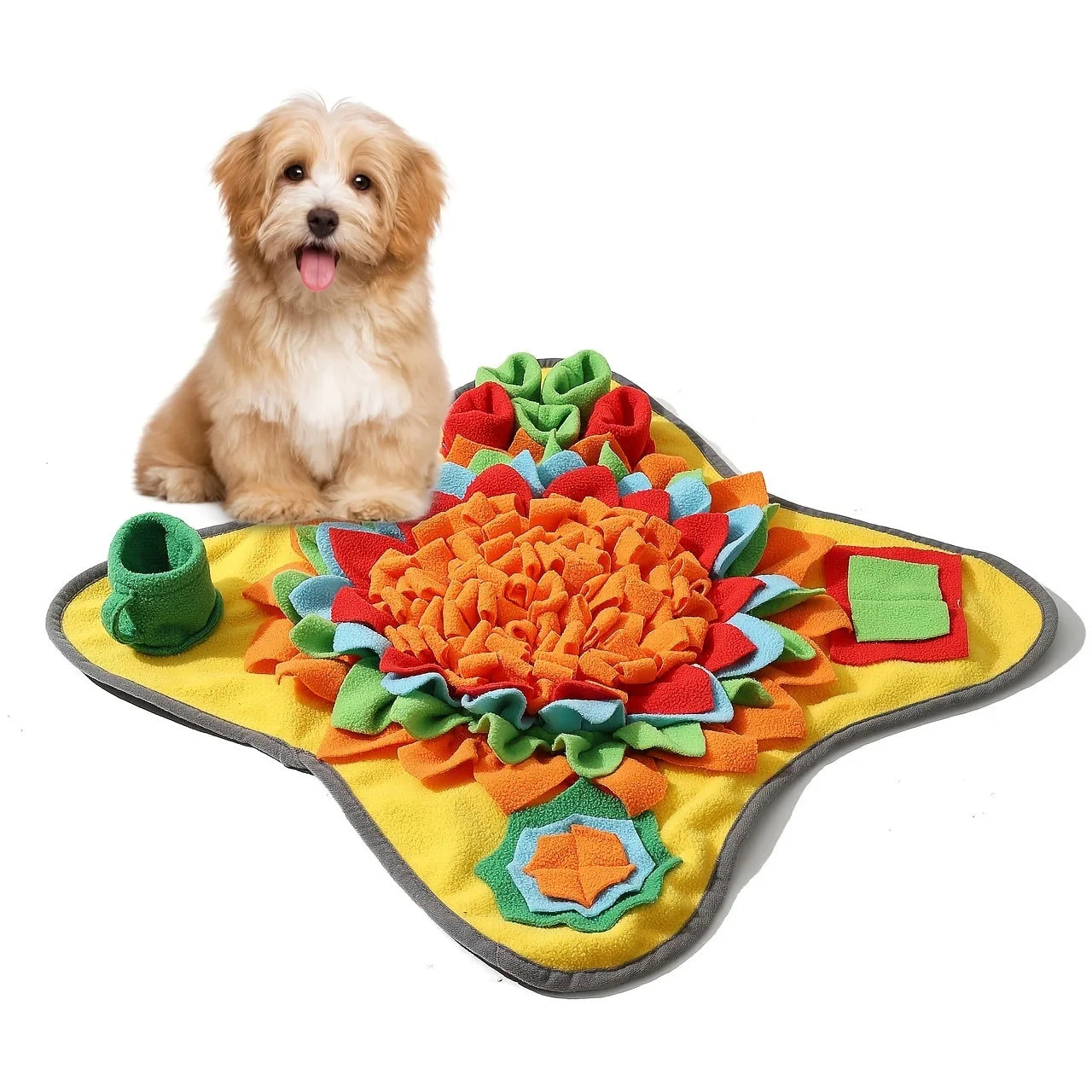 Colorful dog toy with a sunflower design next to a small dog on a white background