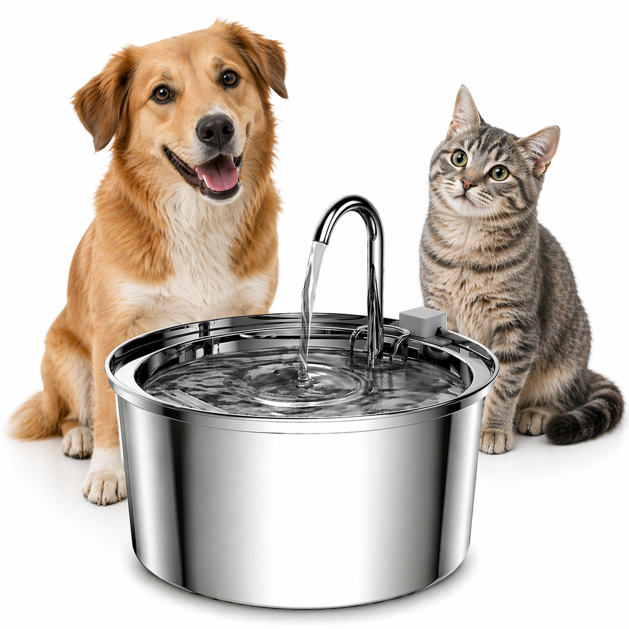 Dog and cat sitting next to a stainless steel pet water fountain on a white background