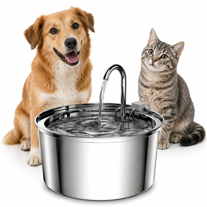 Dog and cat sitting next to a stainless steel pet water fountain on a white background